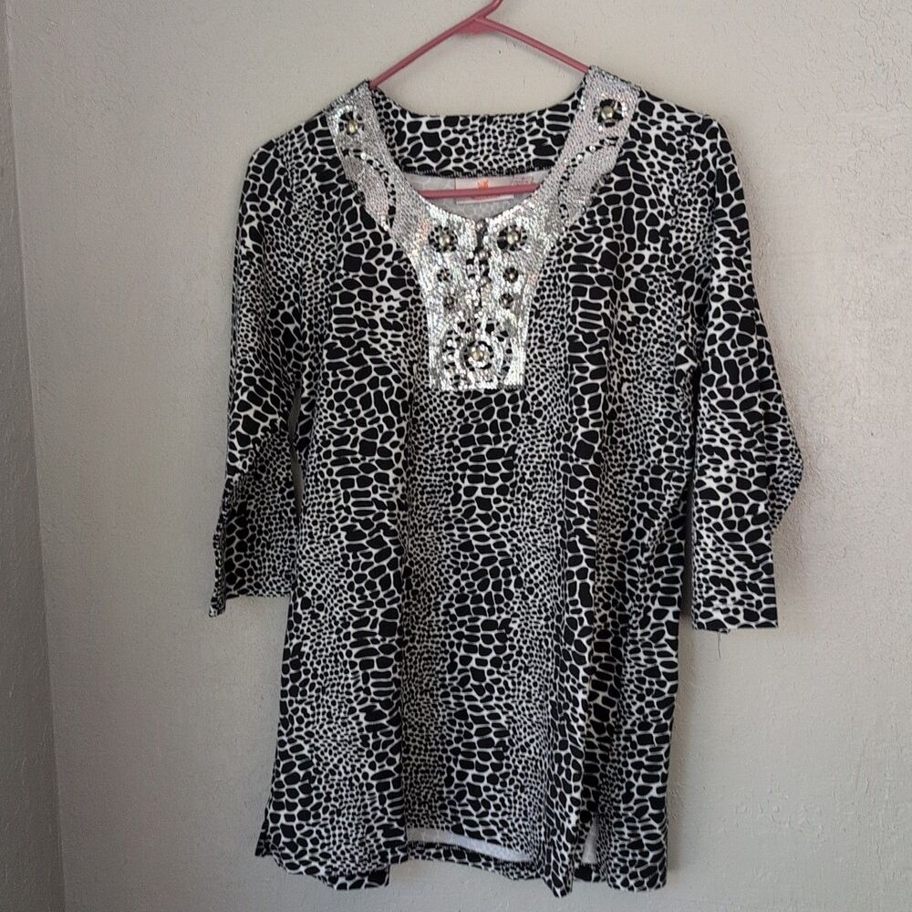 Quacker Factory Animal Print Top S Black White Sequin Beaded Whimsy Fairy Witchy